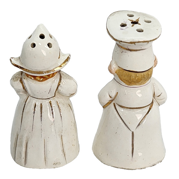 Vintage Salt Pepper Shakers 2.5" Occupied Japan Dutch Couple Baker Gold Detail - Picture 2 of 14